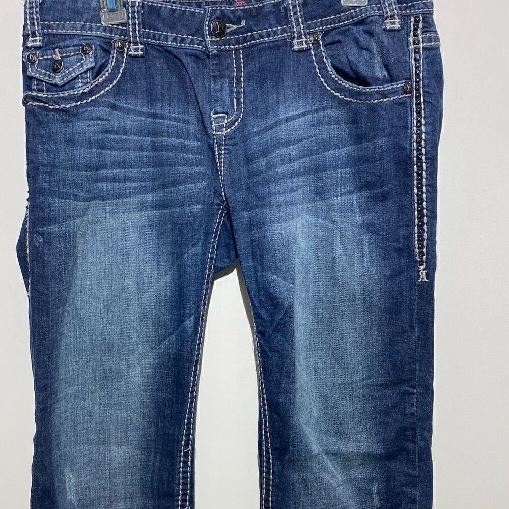 Rock & Roll Cowgirl Studded Flap Pocket Bootcut Jeans Dark Wash Blue Denim